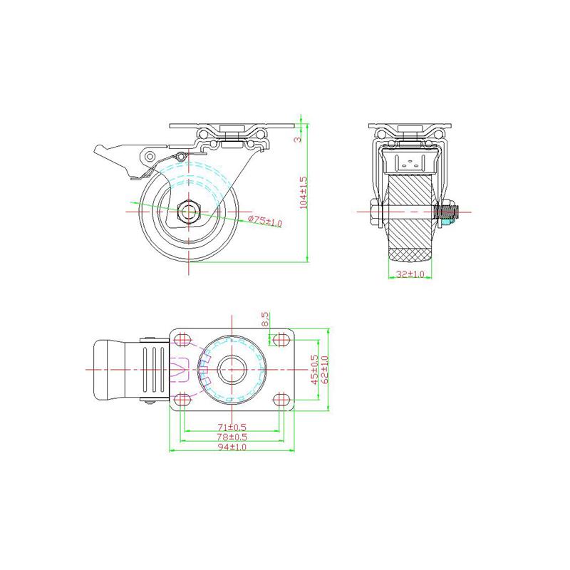 Drawing-3x1.25 TPR Caster with Total Brake