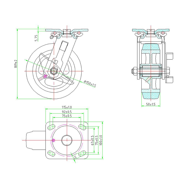 Drawing-6x2 Rubber on Iron Swivel Caster With side brake