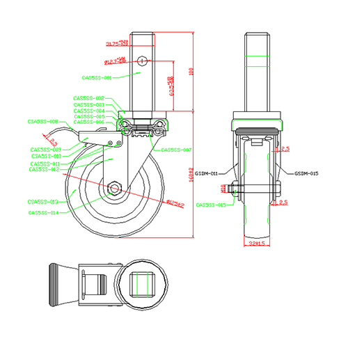 square solid stem casters drawing