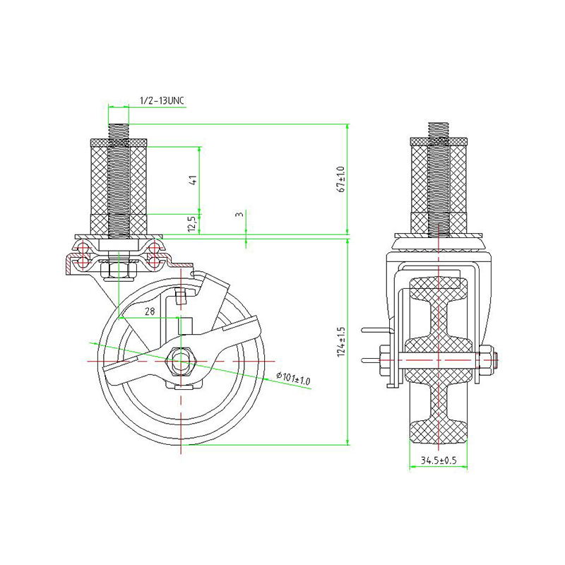 expandable 4x1.25 Rubber Caster with side brake drawing
